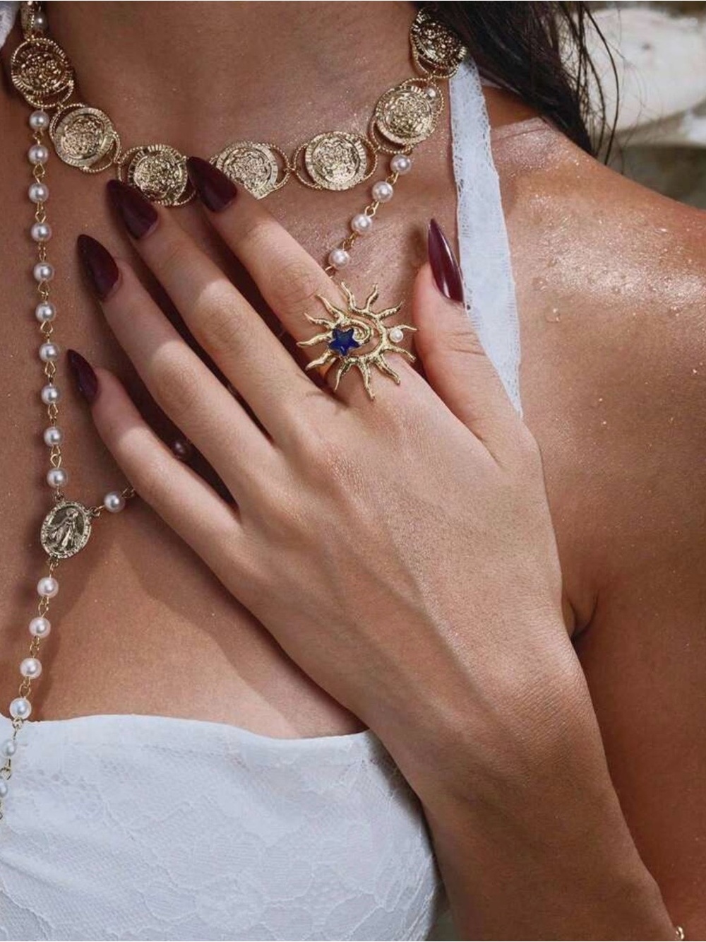 18K Gold Plated Sunburst Ring with Blue Star and Pearl